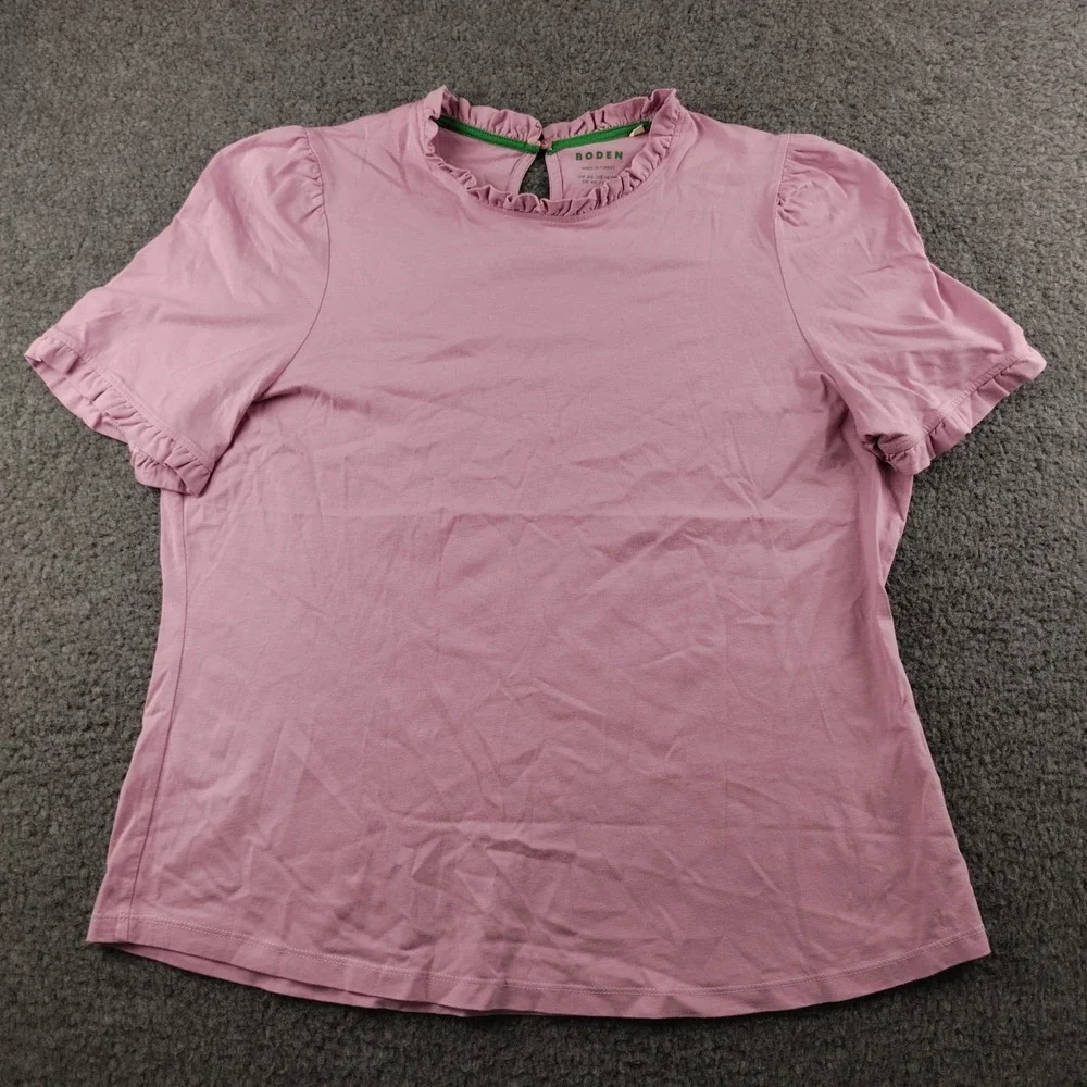 Boden Top Womens 16/18 Ruffle Neck Puff Sleeve Pink Shirt Short Sleeve